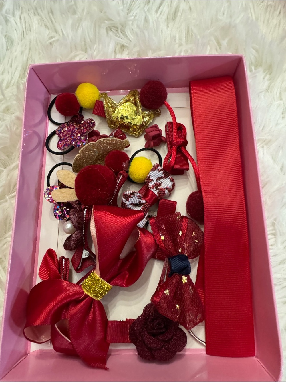 Girl Red Ribbon Hair Bows clips ties and Accessory Set ready to gift